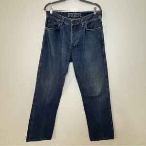 VTG Ferrari Button Fly Blue Denim Jeans Leather Logo Italian Mens 33x30.5‎ IT 50